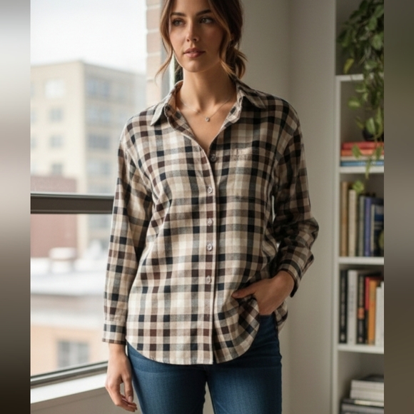 Vintage 90's Designer Dana Buchman Brown & Cream Plaid Silk Button Down Top 6 - Picture 2 of 16